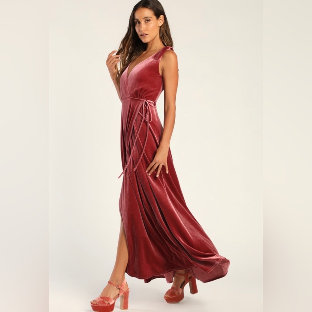 Lulus Certainly Stunning Dusty Rose Velvet Tie-Strap Wrap Maxi Dress
